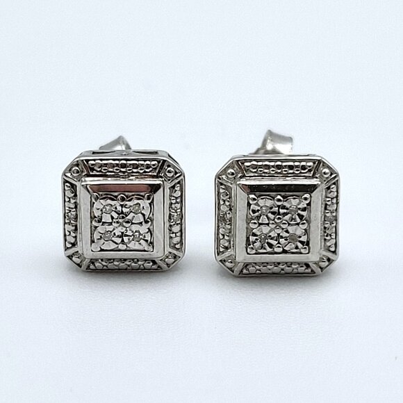 .925 Genuine Diamond, square shape, stud earrings - Picture 1 of 6